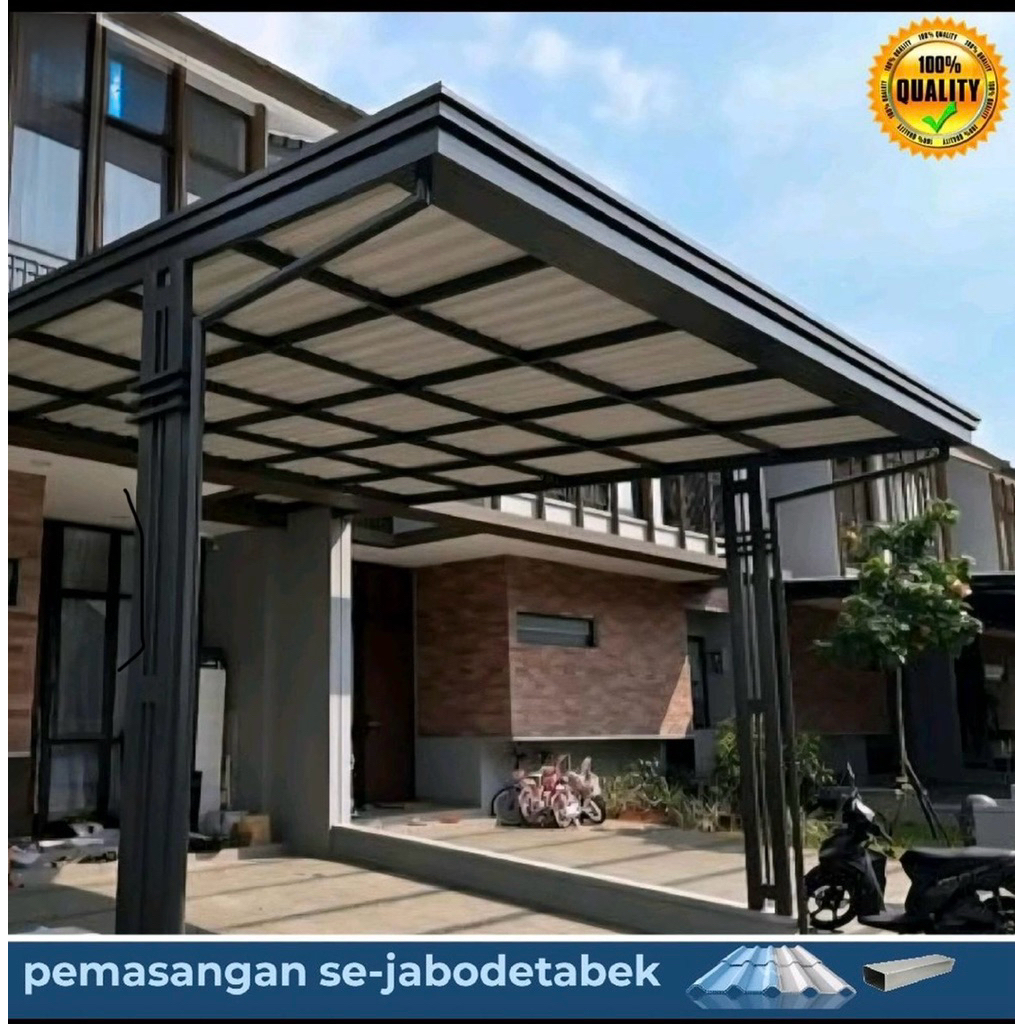Kanopi besi rangka holow galvanis 4x6 atap alderon doubel layer