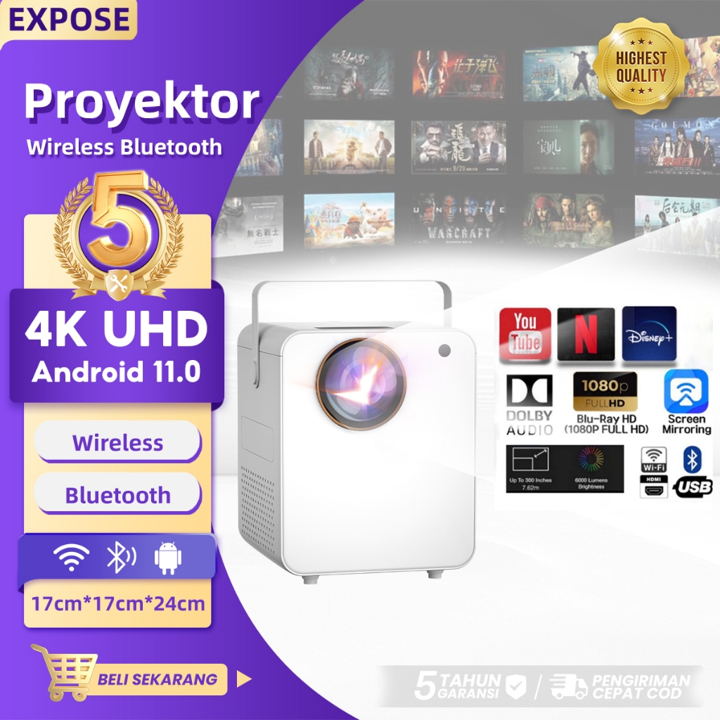 Proyektor 6000 Lumen HD Home Theater Projector Mini Portable Android TV Wireless Bluetooth Proyektor