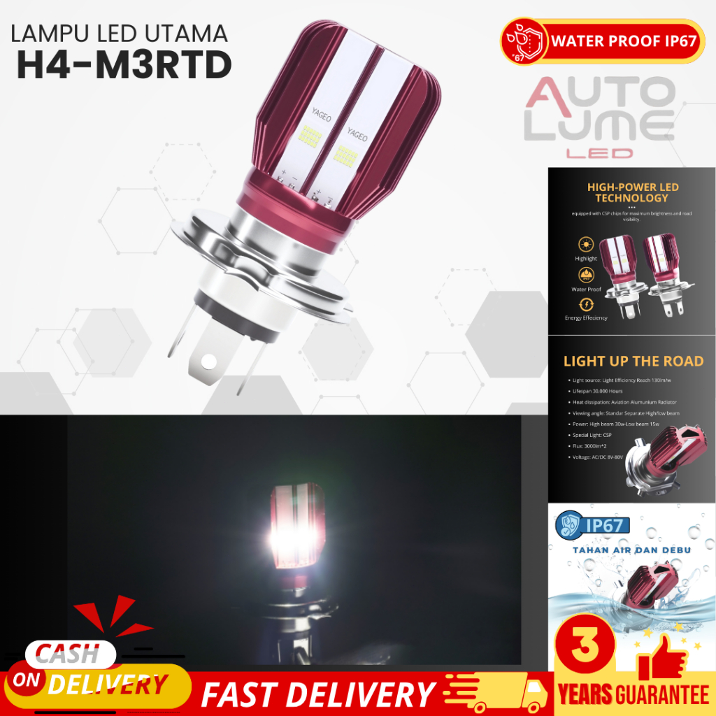 Autolume Lampu LED H4-M3RTD – 1800LM CSP Chip 6500K Putih Sejuk – 8-80V Tegangan Lebar – IP67 Tahan 