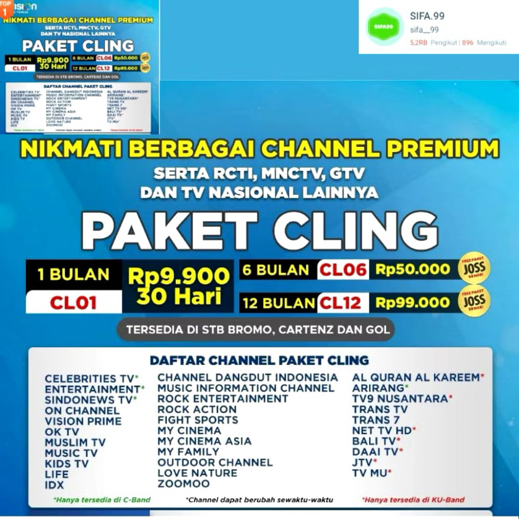 Paket Cling k vision Bromo Cartenz & GOL Gardiner Optus & LGsat lengkap