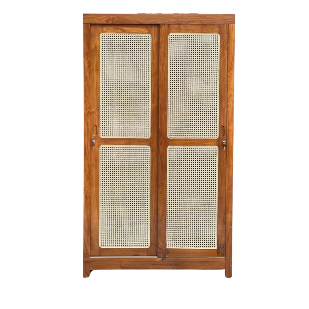 Kayukozy -- Lemari Pakaian Jati Rotan 2 Pintu sleding Lemari Kayu Jati Minimalis Modern Jepara