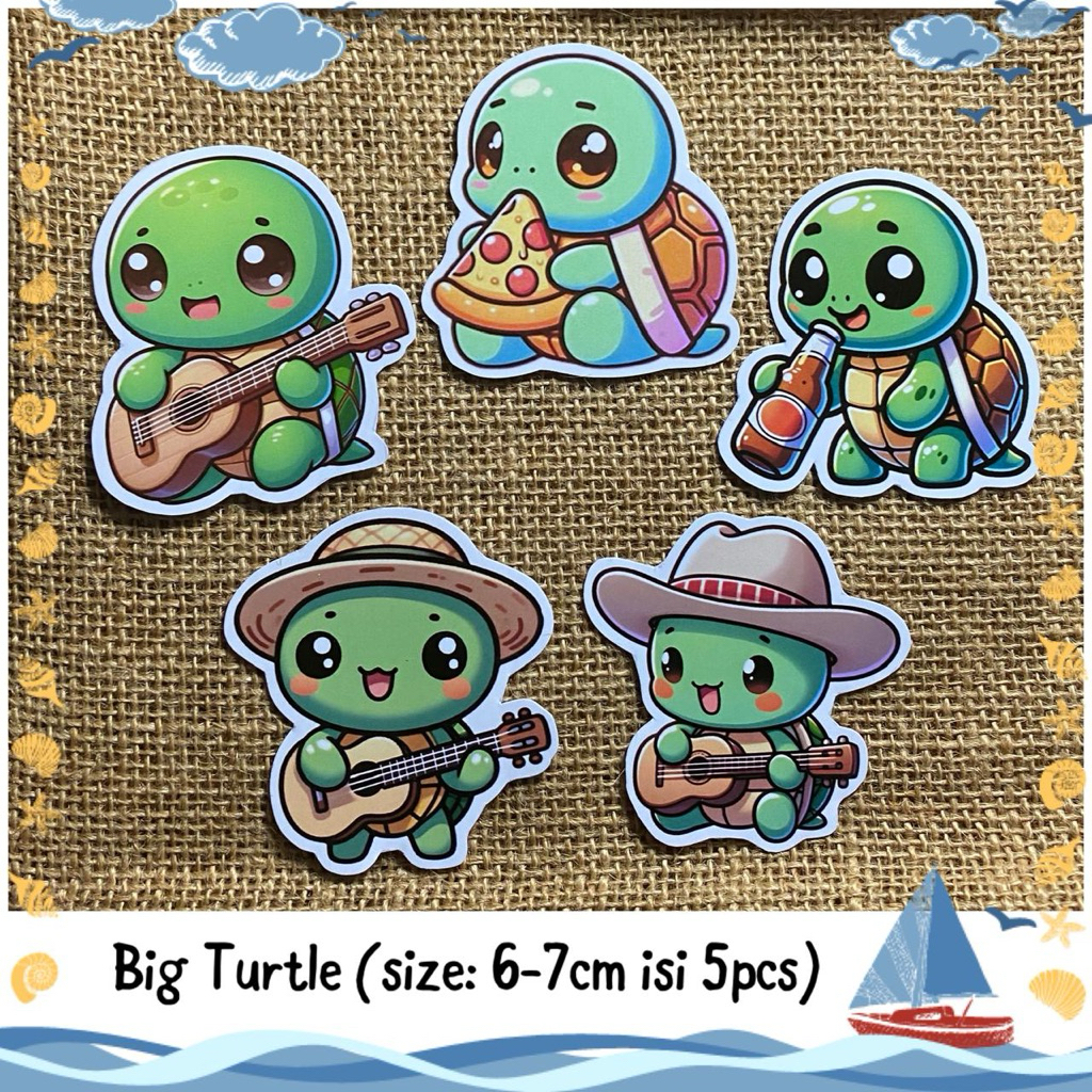 

5pcs sticker tempelan glossy jumbo turtle / big chibi turtle / hewan kura-kura