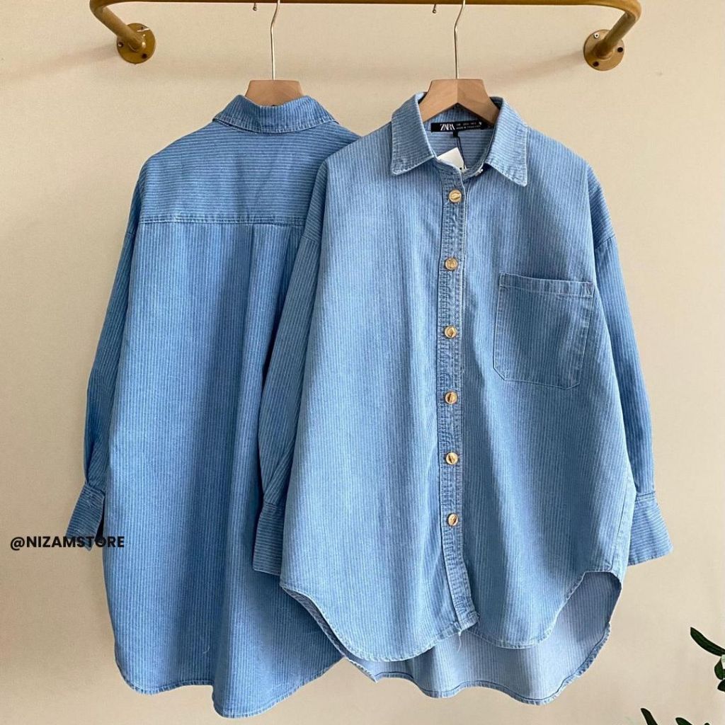 Kemeja Wanita Jeans Stripe Premium Oversize | Atasan Denim Casual Import Korea Kekinian