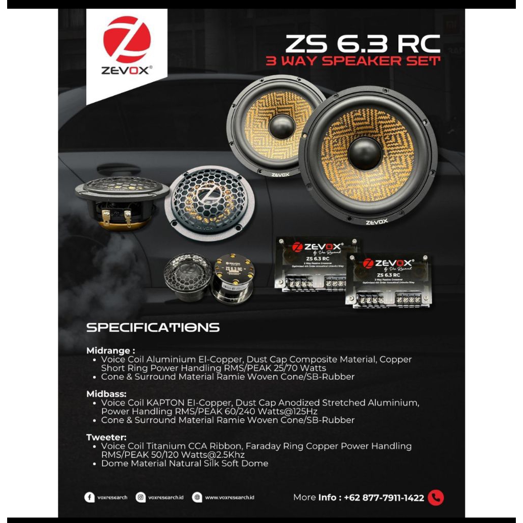 Zevox  zs 6.3 Rc speaker 3 way komponen Aluminium bas & coil  bluetooth original quality set Trebel 