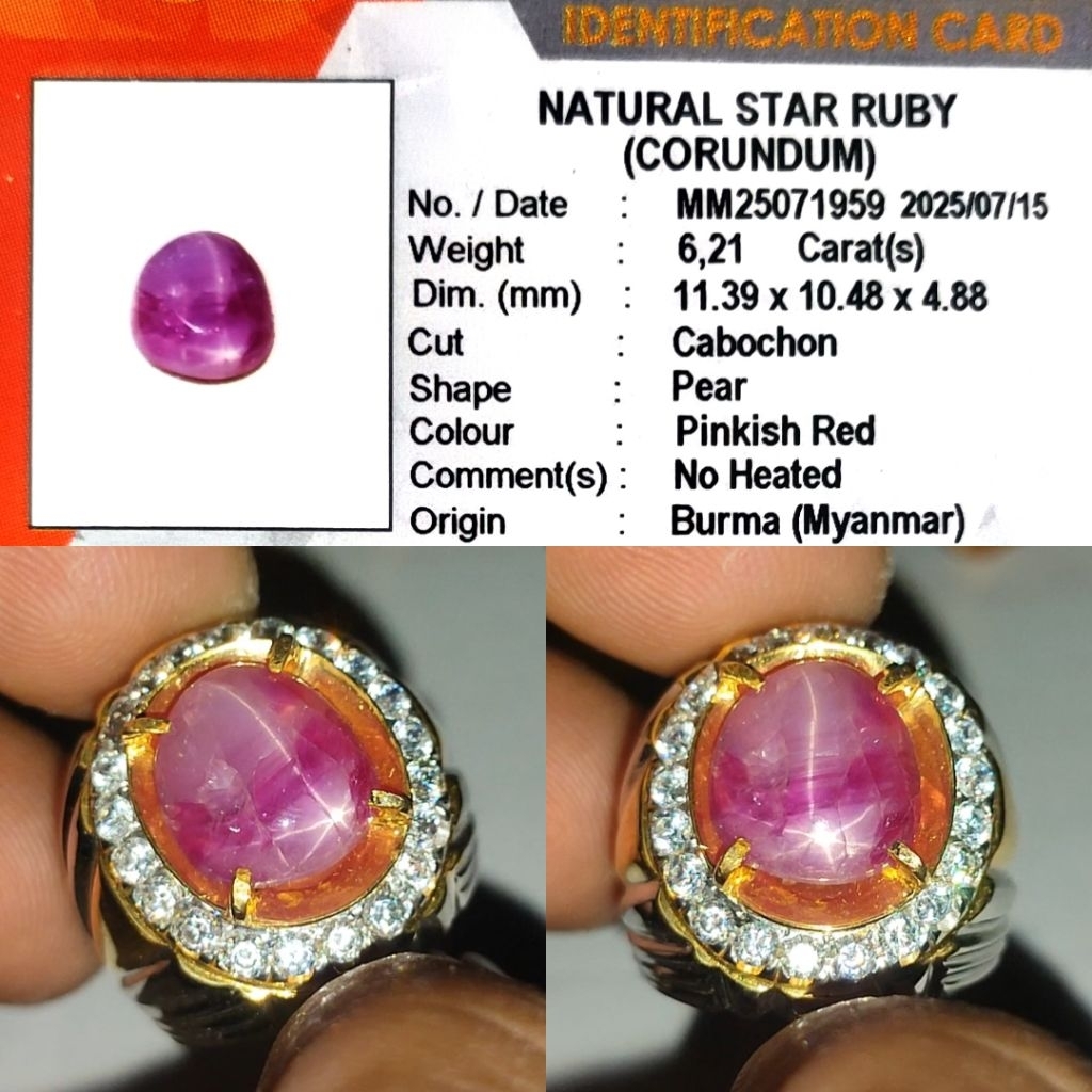 Rasa Cat Eye Ruby Burma Natural Star Ruby Burma No Heated 6.2ct KGL Ring Perak Custom Pesenan Tebal 
