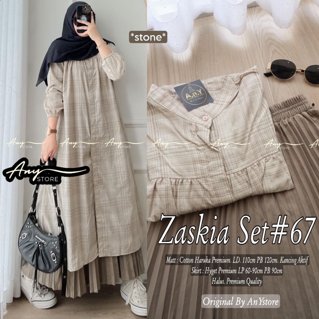Zaskia swt ori any / setelan wanita long tunik dan rok plisket / set baju remaja wanita muslim / set