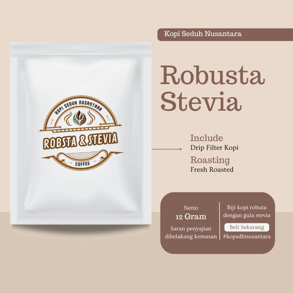 

Kopi Robusta Drip Bag Dengan Gula Stevia - Kopi Premium Sehat, Rendah Kalori, Sachet Praktis Siap Seduh
