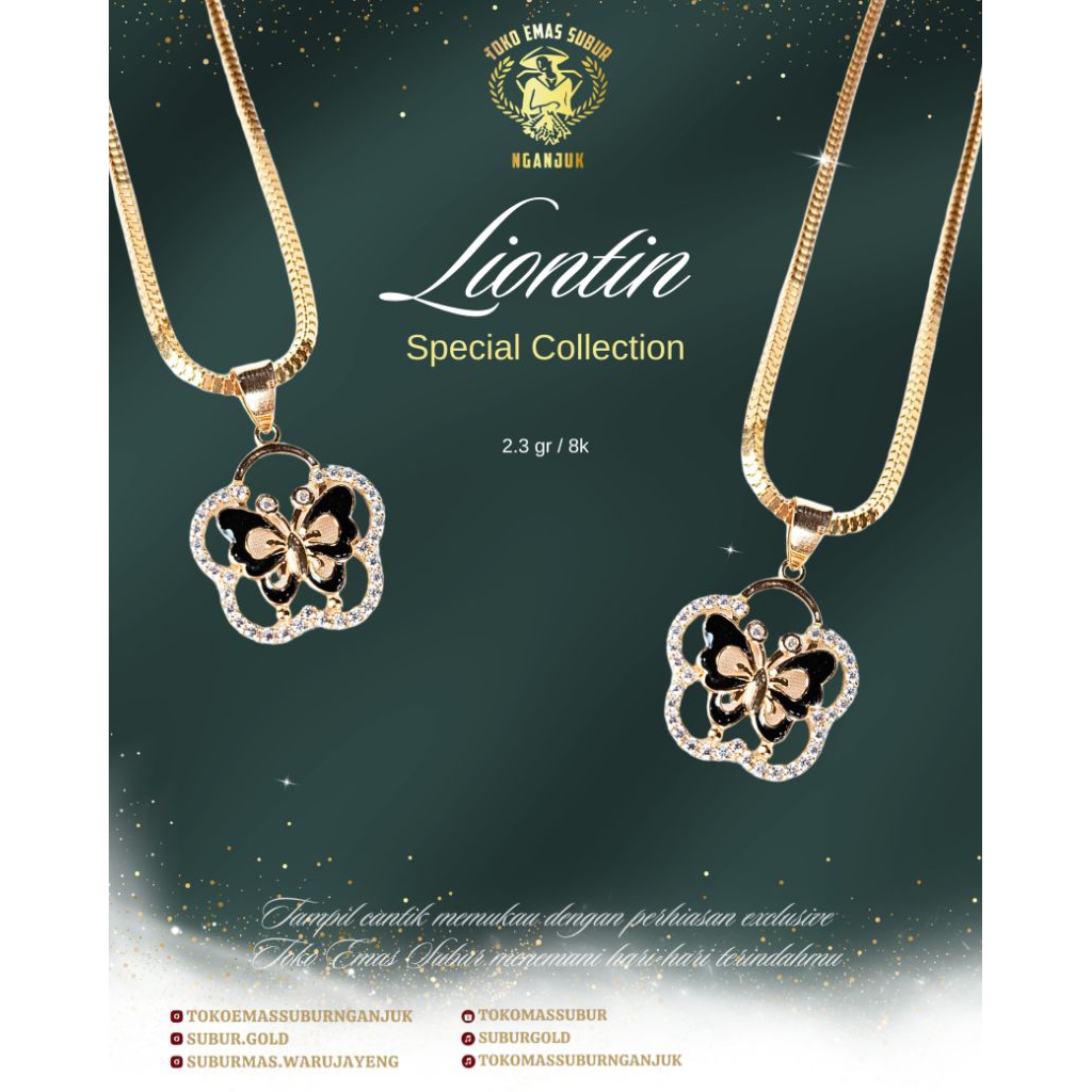 liontin emas model kupu permata putih 8k