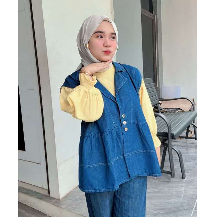 GEO VEST JEANS DENIM  OVERSIZE / OUTER JEANS WANITA TANPA LENGAN / MELODIE VEST ROMPI KOREAN STYLE