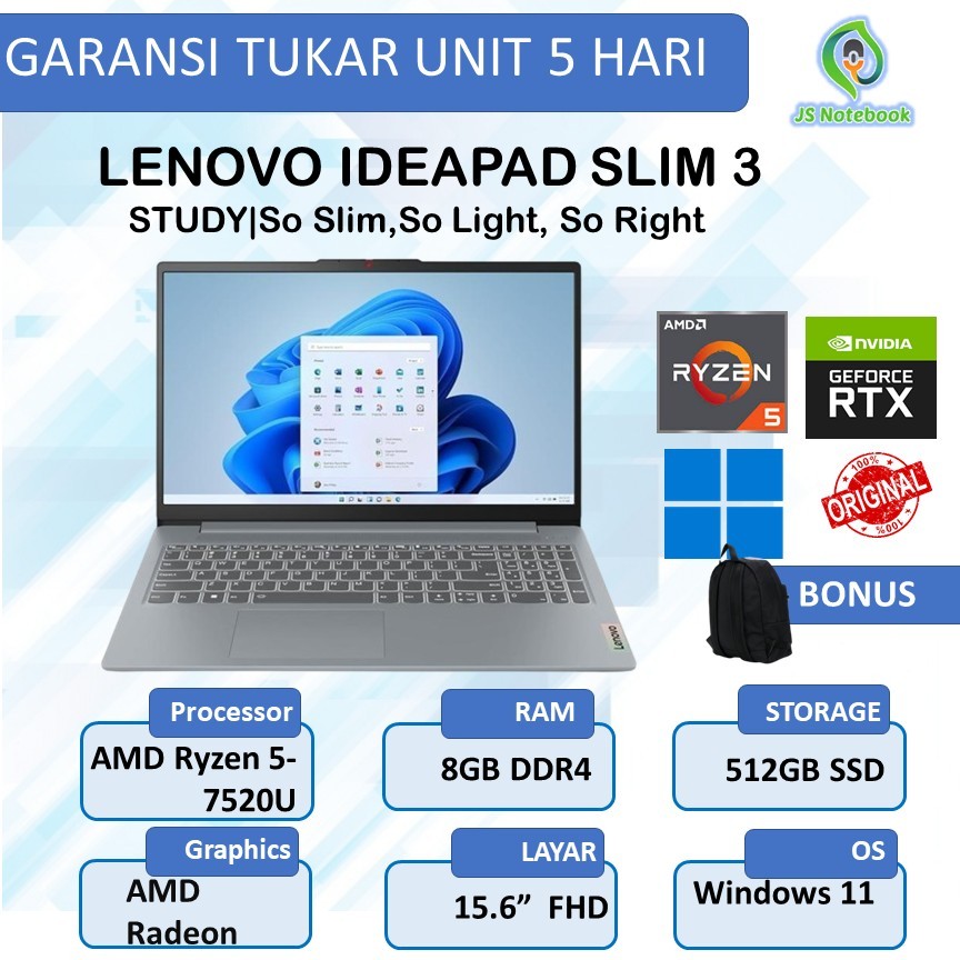 LENOVO IDEAPAD SLIM 3 15 RYZEN 5 7520 8GB 512GB W11PRE 15.6FHD IPS