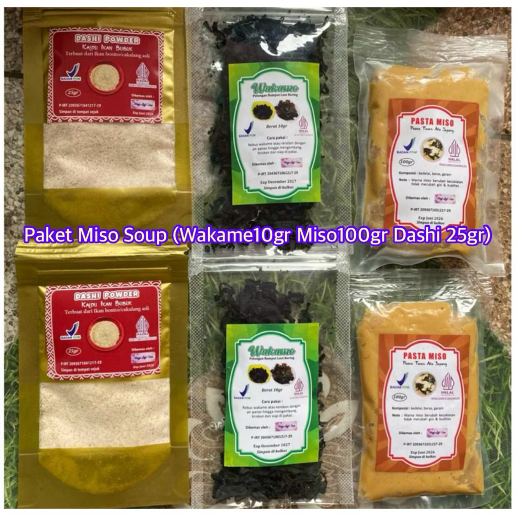 

[PROMO] Paket Miso Soup Halal ( Wakame 10gr miso tauco 100gr dashi 25gr ) Termurah pelengkap sushi bahan dasar miso soup kaldu ikan miso tauco wakame