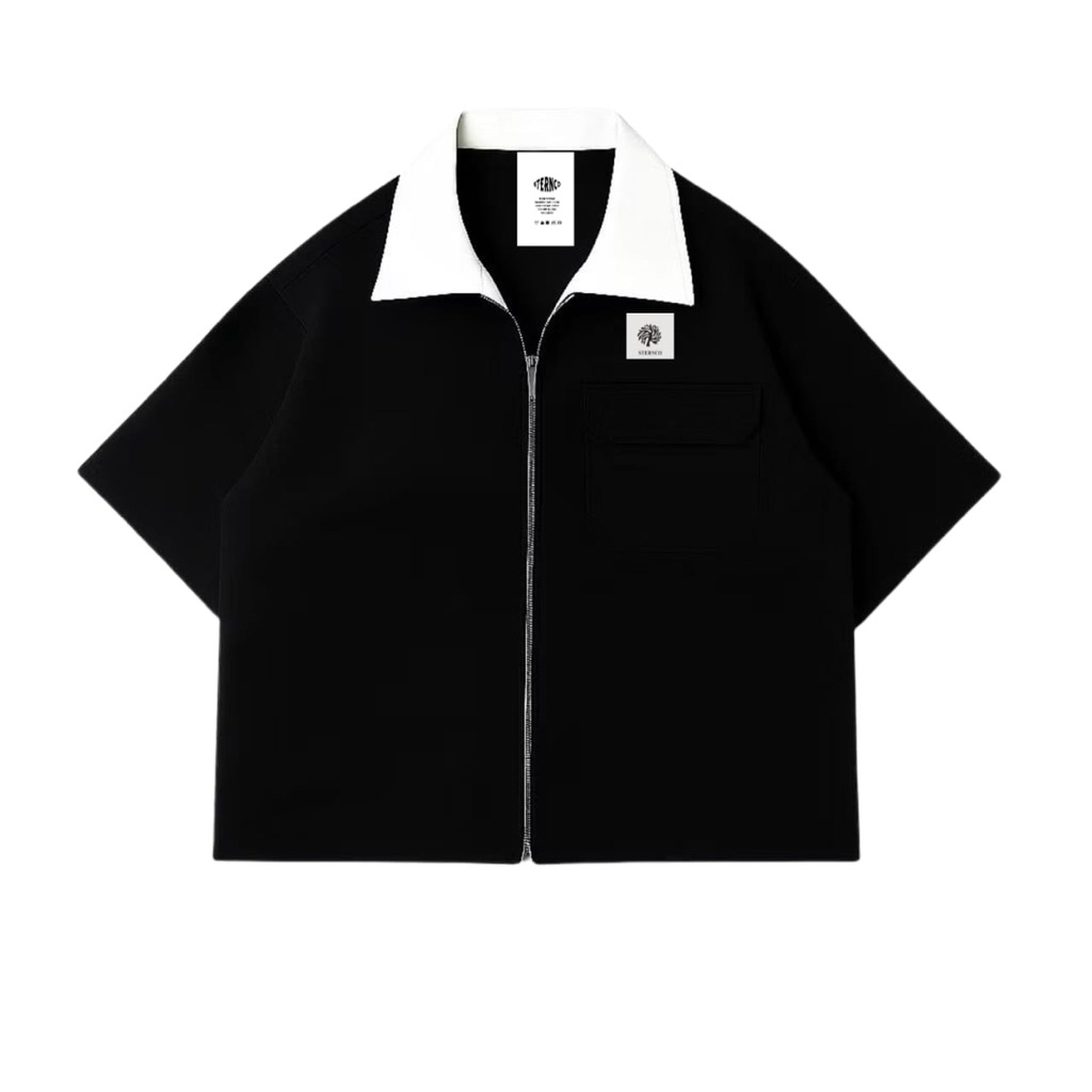 Sternco- Workshirt Zipper Hitam kombinasi Polos Oversize