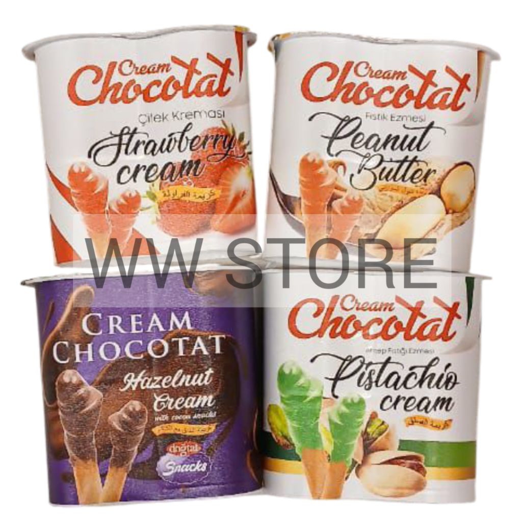 

Biskuit colek dengan krim rasa buah stroberi / kacang tanah / pista / hazel Turki Turkiye DOGTAT Cream Chocotat Peanut Butter / Pistachio / Hazelnut / Strawberry Cream Biscuit Snacks snack cup 55g