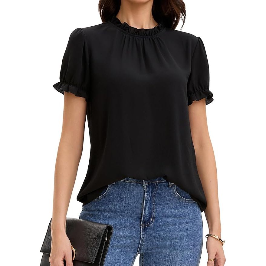 Atasan Wanita  Ruffle Mock Neck Puff Lengan Pendek Blus Kasual Elegan Kemeja Kerja