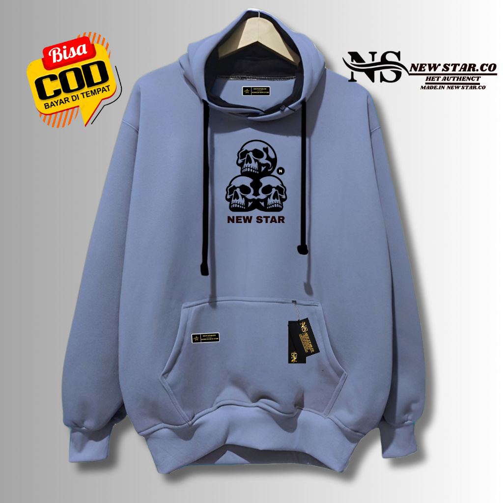 Switer Hodie Pria Wanita Distro Ori & Oversize Warna Abu Paralon Motif Sabloon Tengkorak New Star Ho