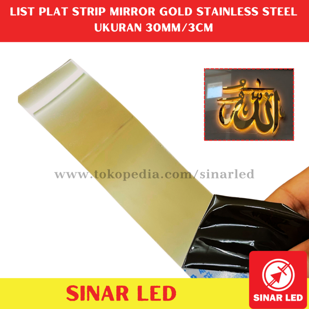 List Plat Strip Kupingan Stainelss Huruf Timbul Plat Strip Stainless Mirror Gold / Stainless SS201 T