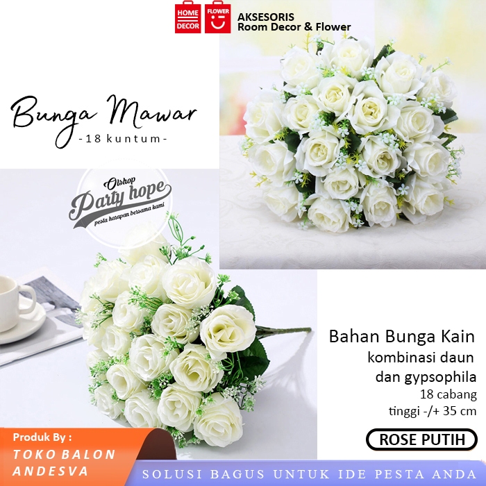 Bunga Mawar 18 Kuntum Putih / Bunga Plastik hias Artificial Mawar Putih buket bunga mawar 18 cabang