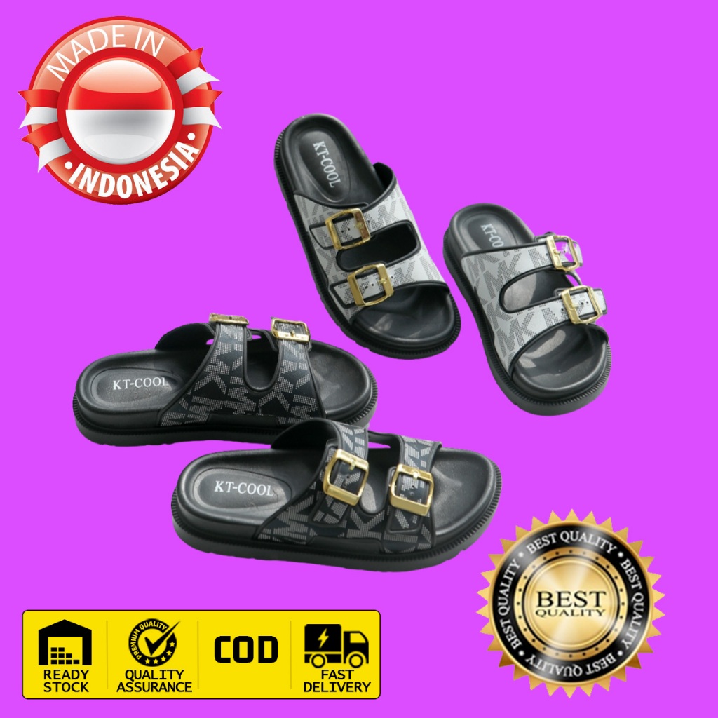 Hot - YUTU Sandal Slop Wanita Remaja Kancing Emas PVC Sandal Kasual Wanita Impor Jelly Karet Gesper 