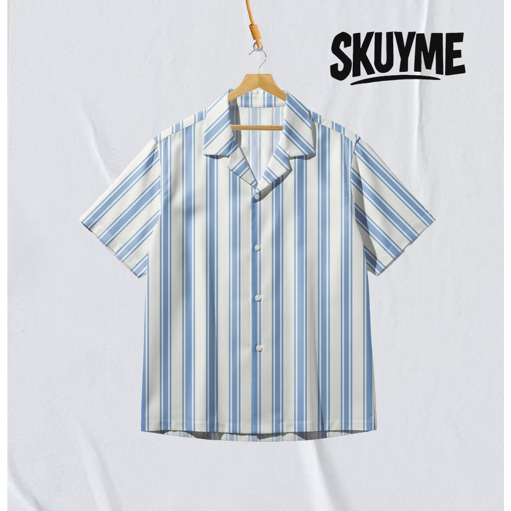 SKUYME Kemeja Pria Fullprint Lengan Pendek Motif Garis Vertikal Retro | SK-Grs2