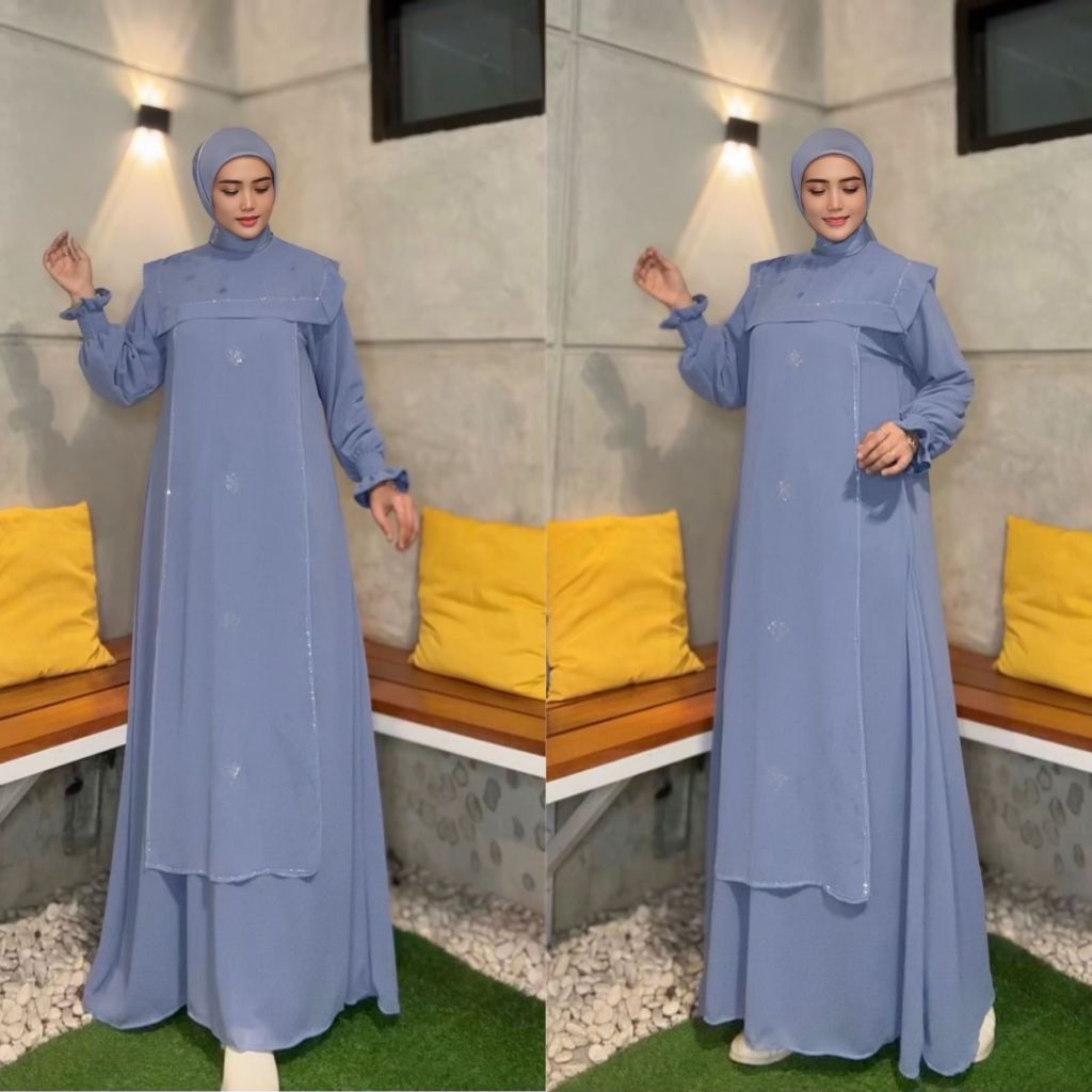 Dres wanita lebaran gamis halwa outer mix swarovksi kekinian terbaru 2026
