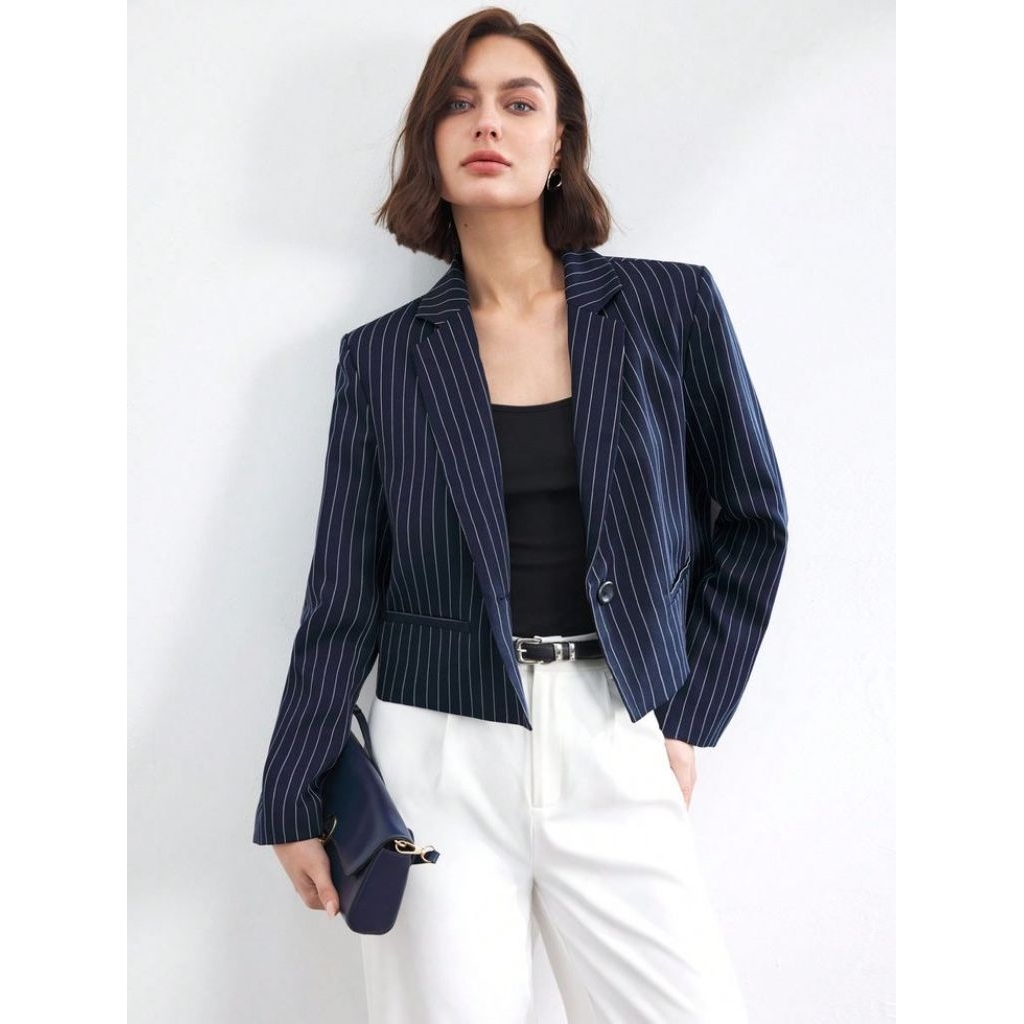 Blazer Wanita Crop Garis Premium | Jas Salur Korea Style | Blazer Formal Casual Lengan Panjang