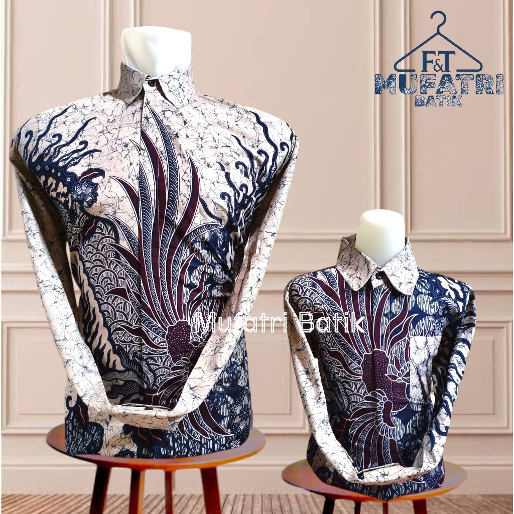 atasan batik couple ayah dan anak lengan panjang warna kream Burgundy navy bahan katun lapis furing 