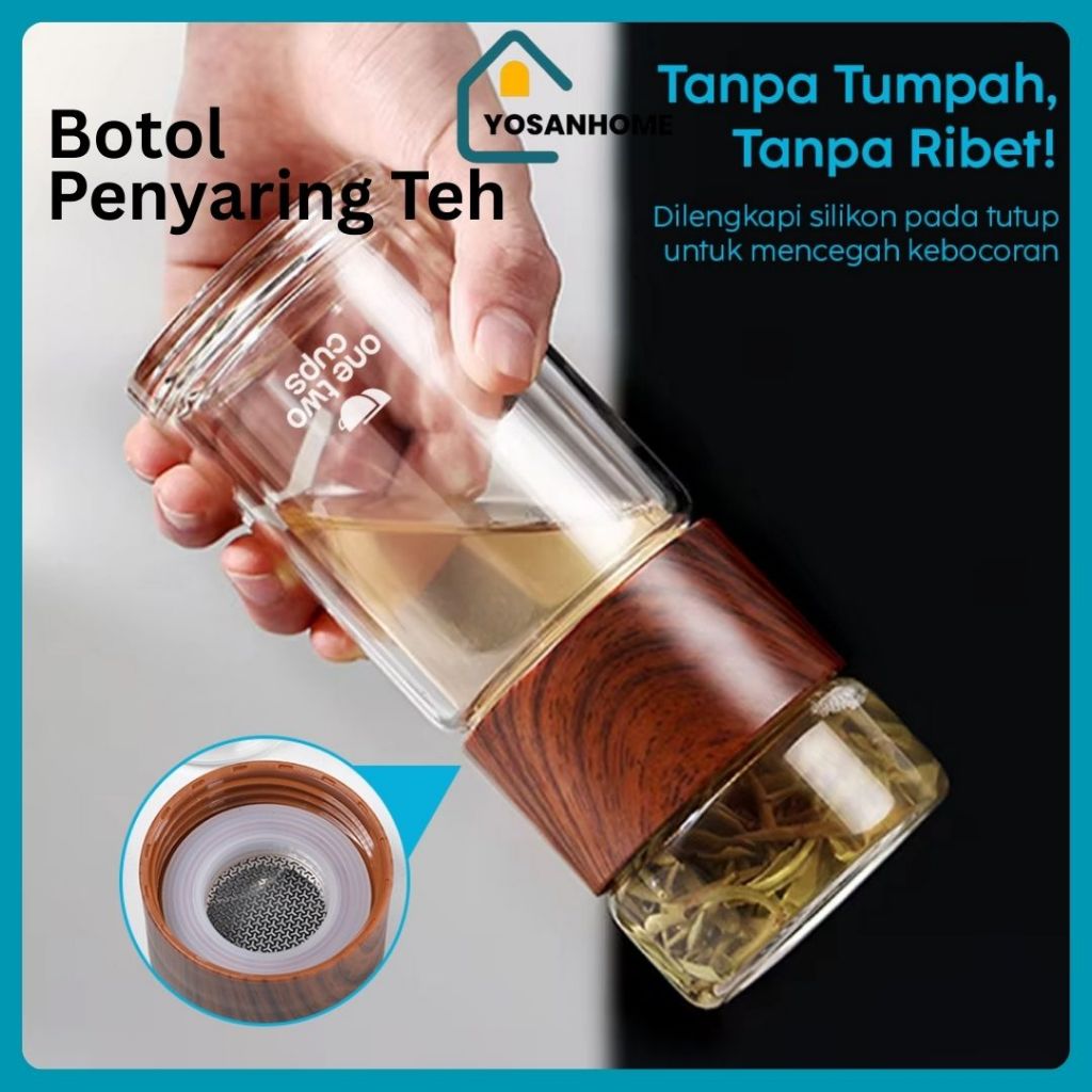 Botol Minum Kaca Double Wall Penyaring Teh 230ml / Botol Saring Teh / Botol kaca teh Double Wall Yos