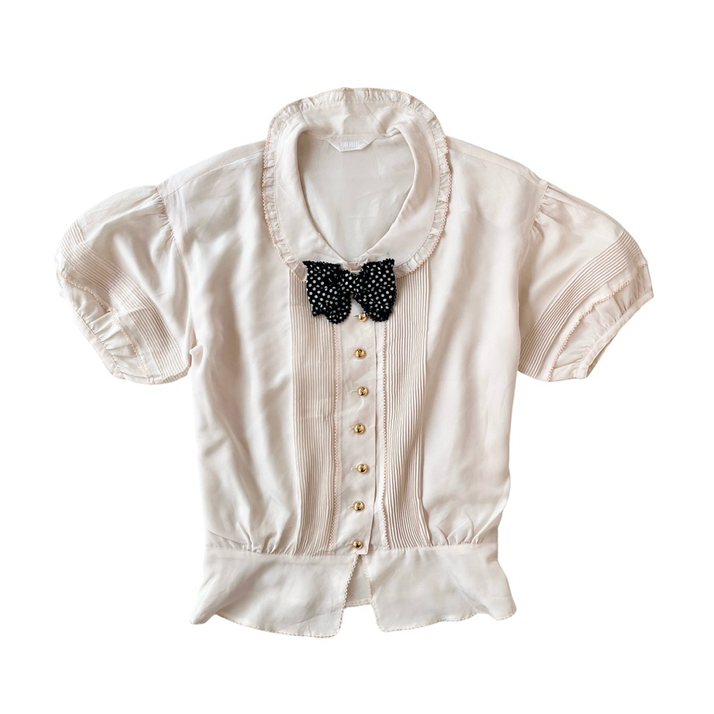 pinkhouse cream shirt blouse ༶⁺₊ short puff sleeve with polka cute ribbon ruffle neck aksen lipit ka