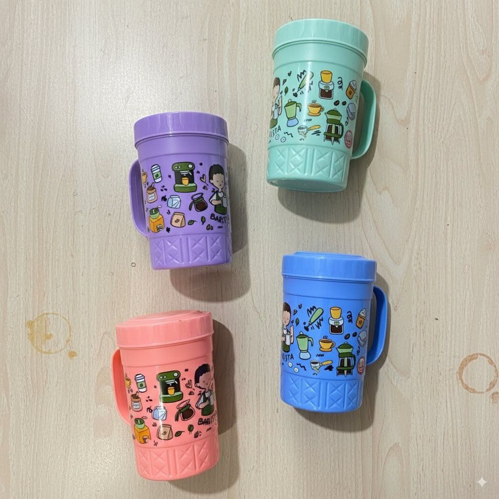Tumbler Mug Plastik 1 Liter dengan Tutup & Pegangan – Motif Kartun Lucu