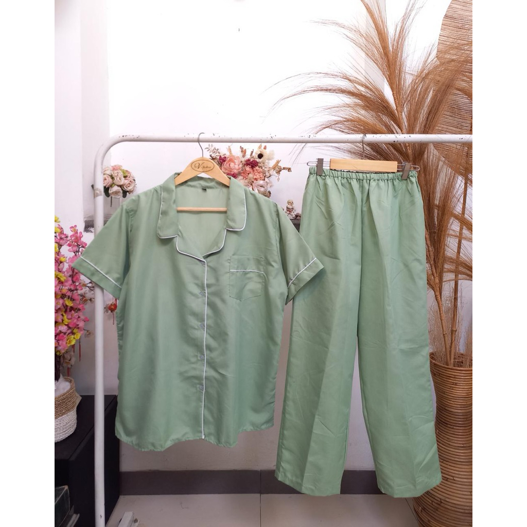 Baju tidur Wanita Piyama set Celana Panjang Polos Hijau Sage