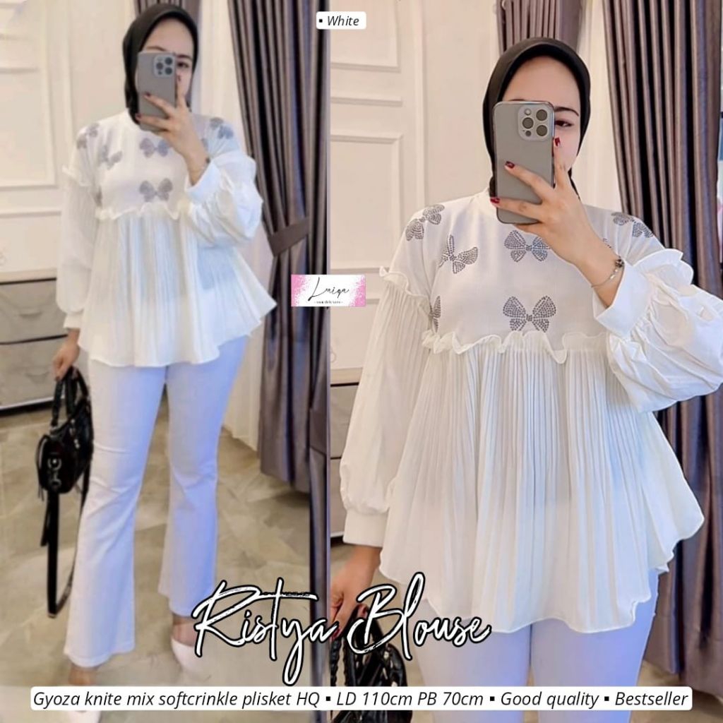 Ristya blouse baju atasan wanita knit plisket hitam putih modis casual best seller baju wanita moder