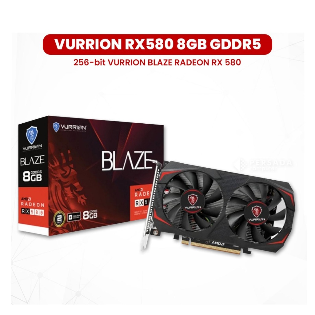 Vurrion VGA RX580 8GB GDDR5 256-bit BLAZE AMD Radeon RX 580 Hitam dengan Output 3xDP DVI HDMI & Dual