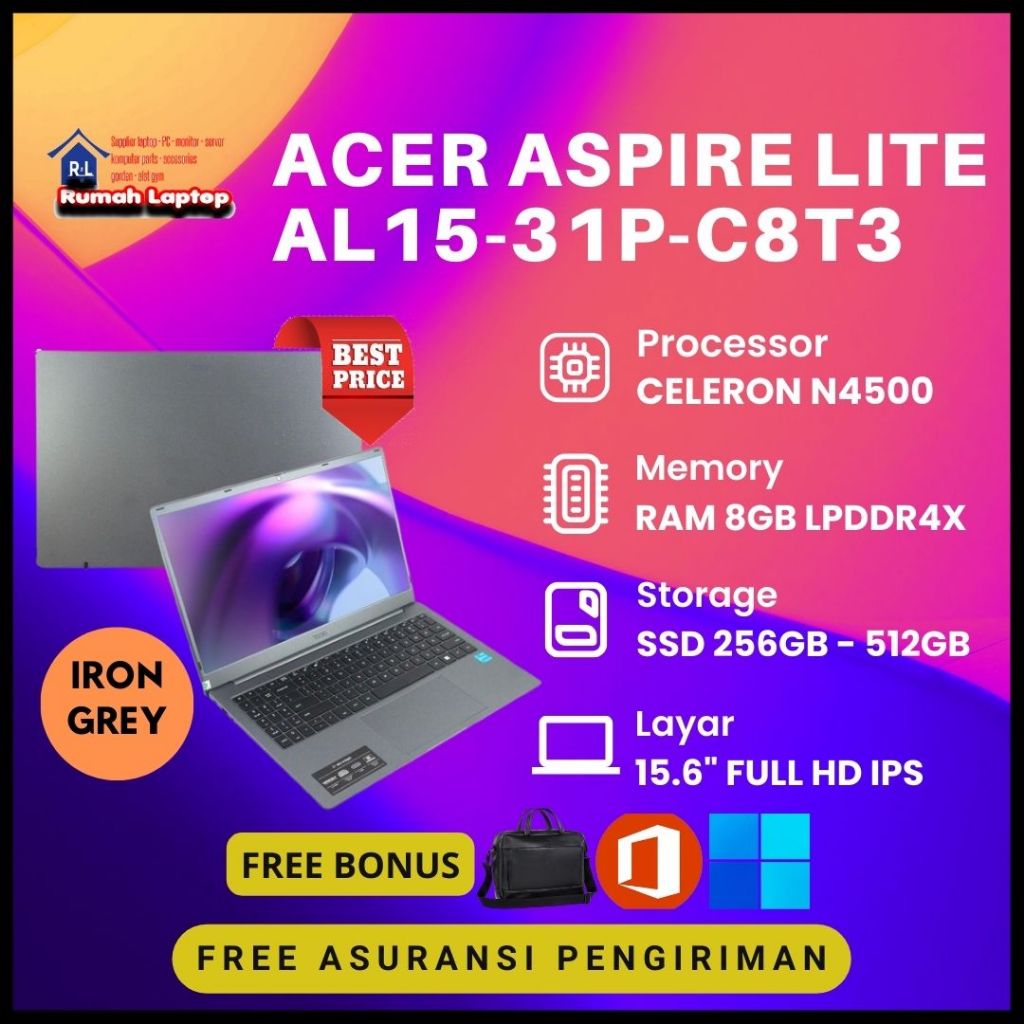 Laptop Acer Aspire Lite AL15-32P-C8T3 Intel Celeron Ram 8Gb Ssd 512Gb Nvme 15.6" Full HD IPS