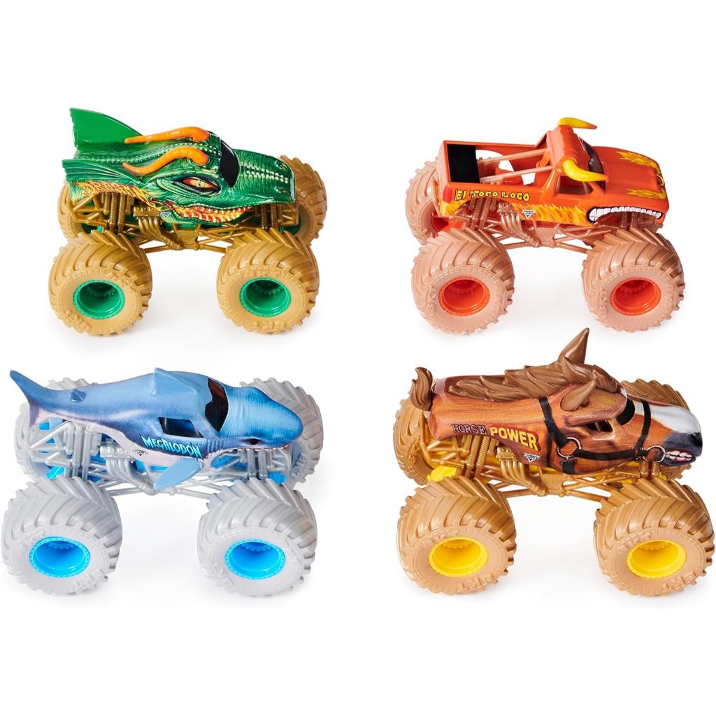 READY MONSTER JAM, POWER BEASTS 4-PACK MONSTER TRUCKS (EL TORO LOCO, MEGALODON, DRAGON AND HORSE