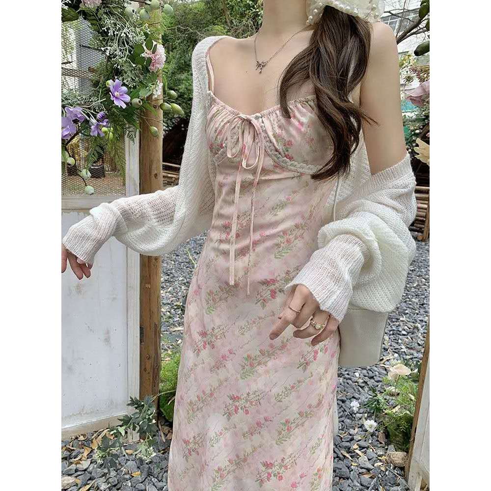 Dress Midi Wanita Korea Vintage Floral Pink Tanpa Lengan Elegan