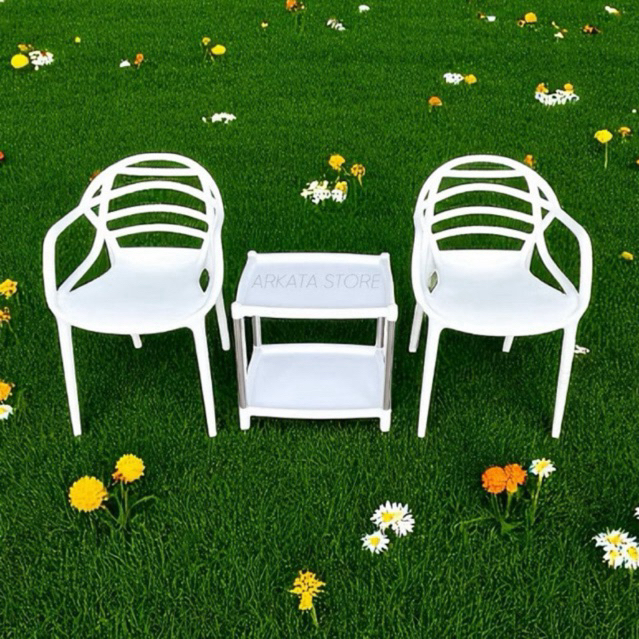 1 Set 2 Kursi KR161 Twin pan + Meja Teras T4050 / Kursi Set Modern Putih, Hitam Minimalis / Kursi Ta