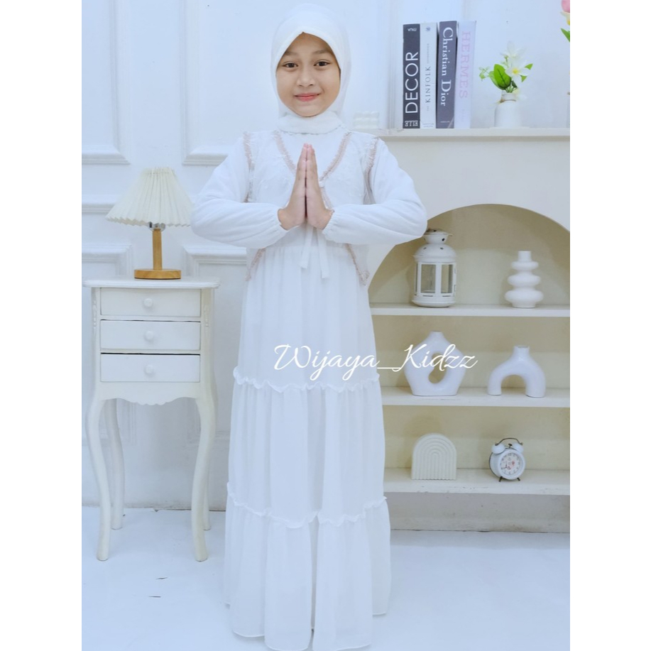 Seragam Manasik Haji Umroh Anak Perempuan Gamis Putih Polos Serena Baju Muslim Anak Sekolah Set Hija