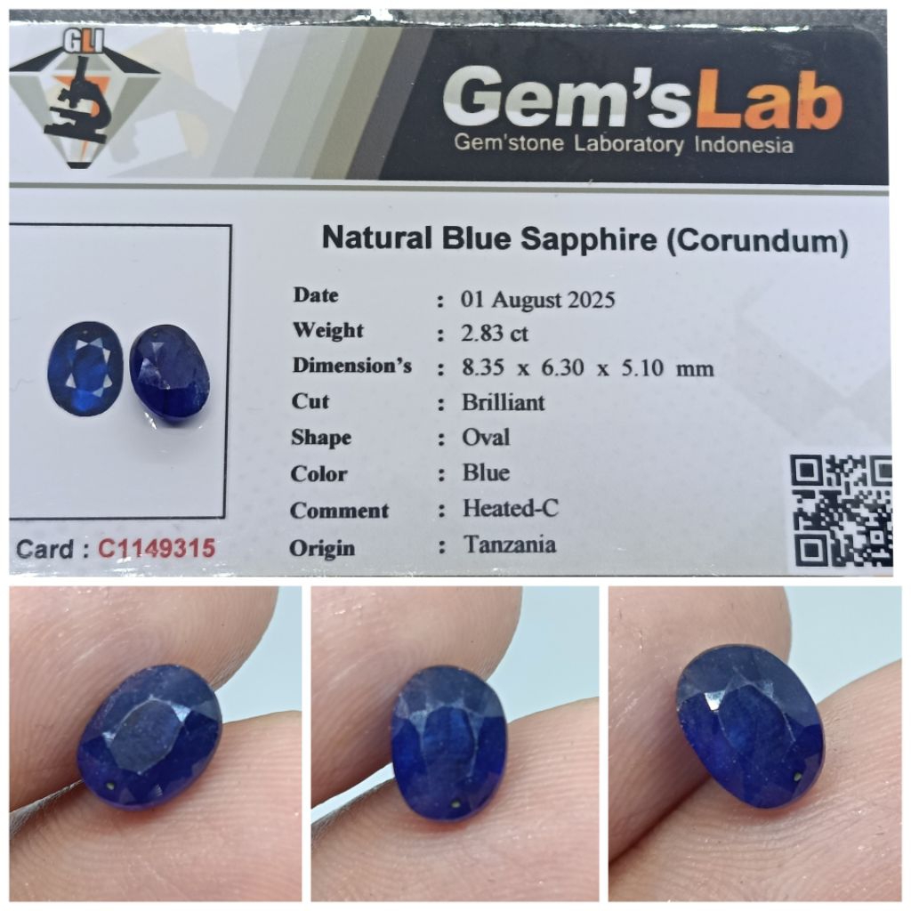 Natural Blue sapphire Tanzania 2,8ct memo GLI Safir Afrika