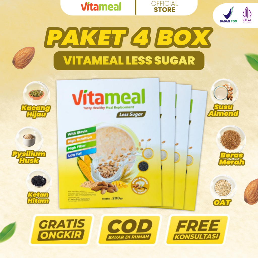 

PAKET 4 BOX Vitameal Less Sugar Sereal Jaga Kesehatan Jantung Atasi Hipertensi Kolesterol Diet Detoks FITAMEAL SUPERFOOD