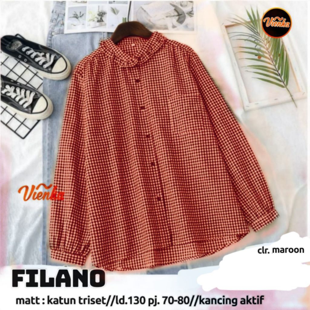 Filano Blouse Atasan Kemeja Wanita Basic Bahan Katun Super Jumbo Ld 130 Motif Kotak Kotak
