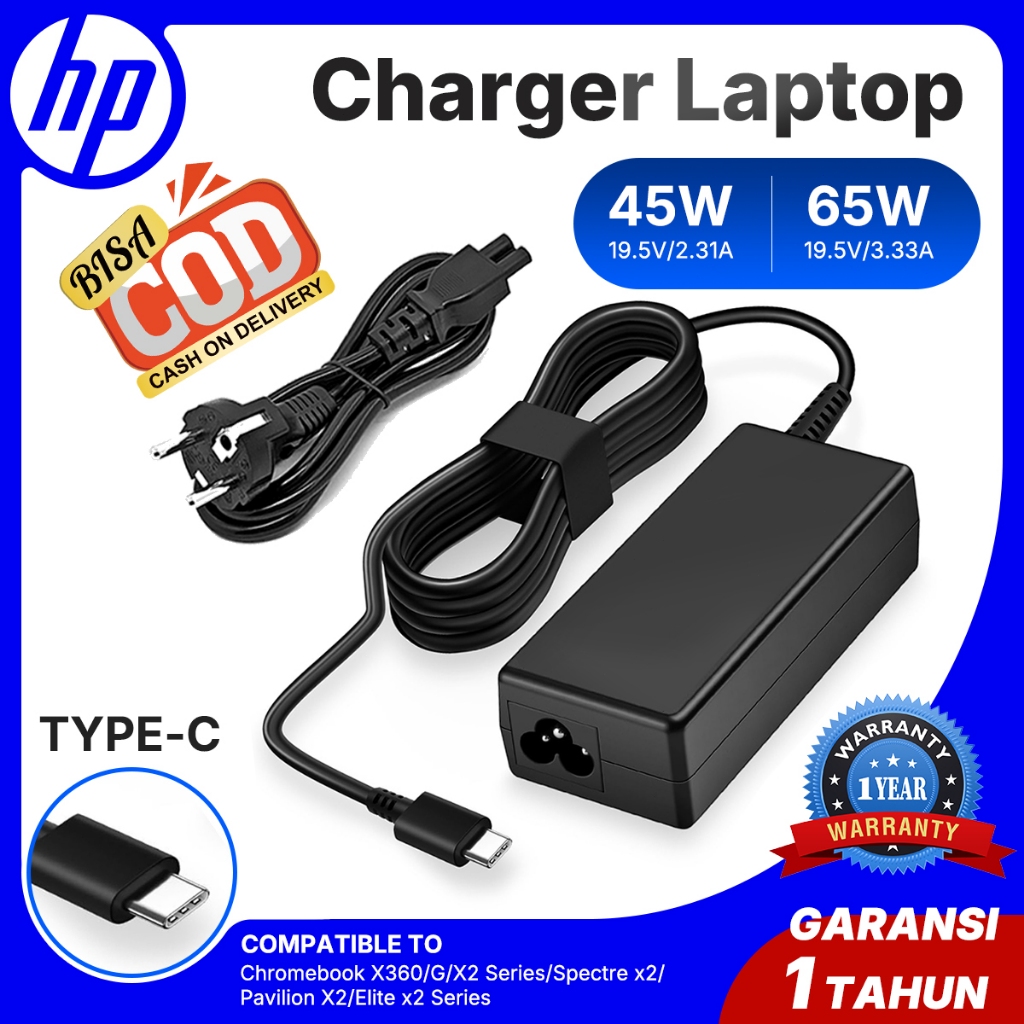 Original Adaptor Charger Laptop HP TYPE-C Port 20V 45/65W/90W Untuk HP Chromebook/EliteBook/Spectre/
