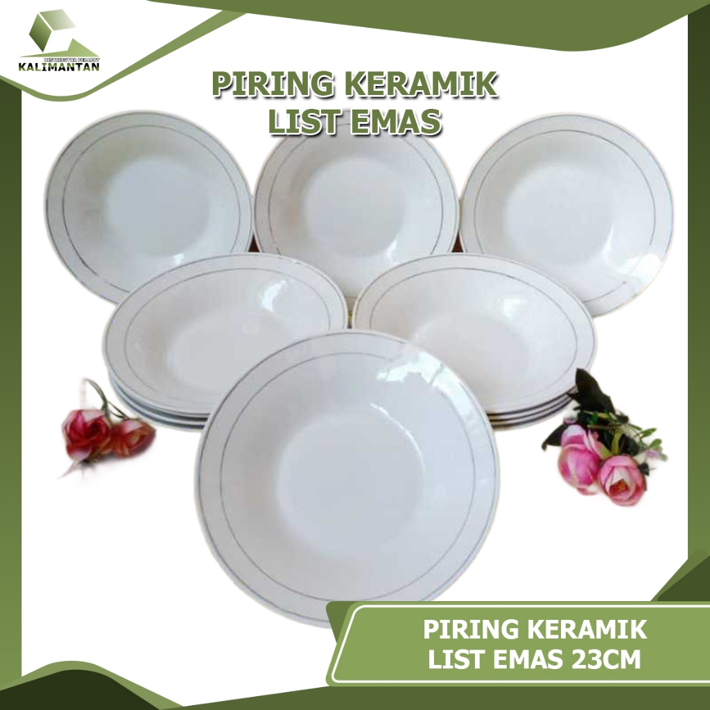 Piring Keramik Lis Emas Mewah - Set 1 Lusin (12 Pcs) Piring Saji Premium 9 Inch