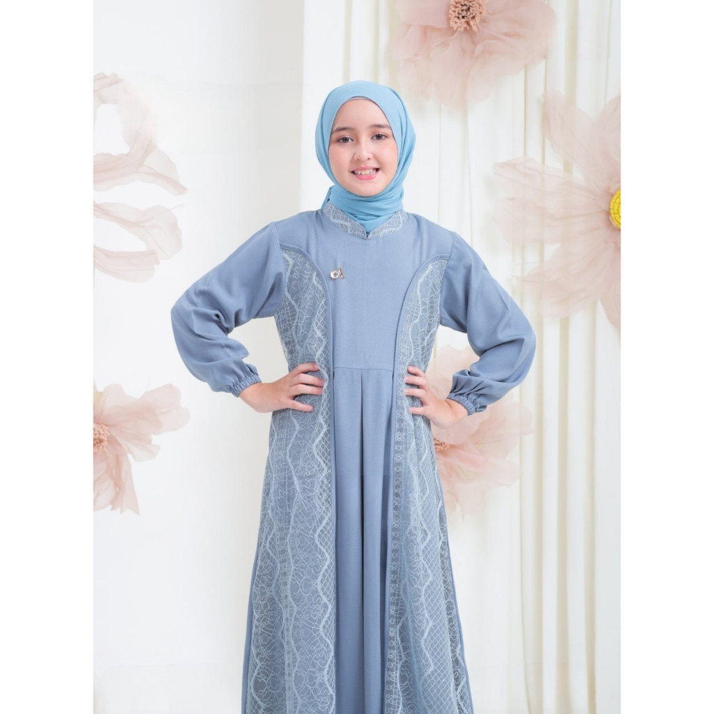 Gamis Anak Remaja Terbaru 2025 6-15 Tahun Crinkle Airflow Mix Brukat Malika Naumi Kids