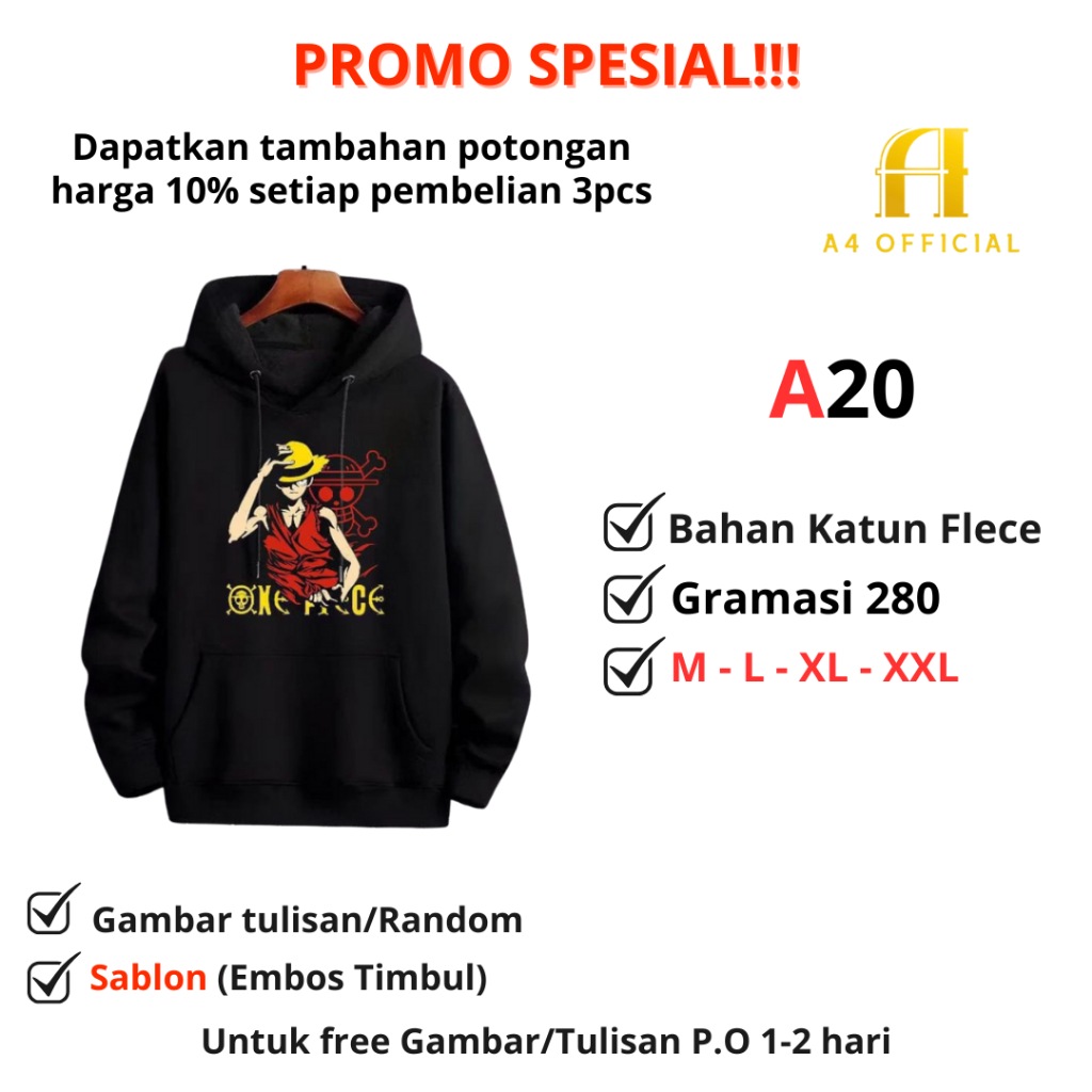 Sweater Hoodie Anime One Piece Luffy Jacket Hoodie Anime One Piece Bahan Katun Fleece Gramasi 280 - 