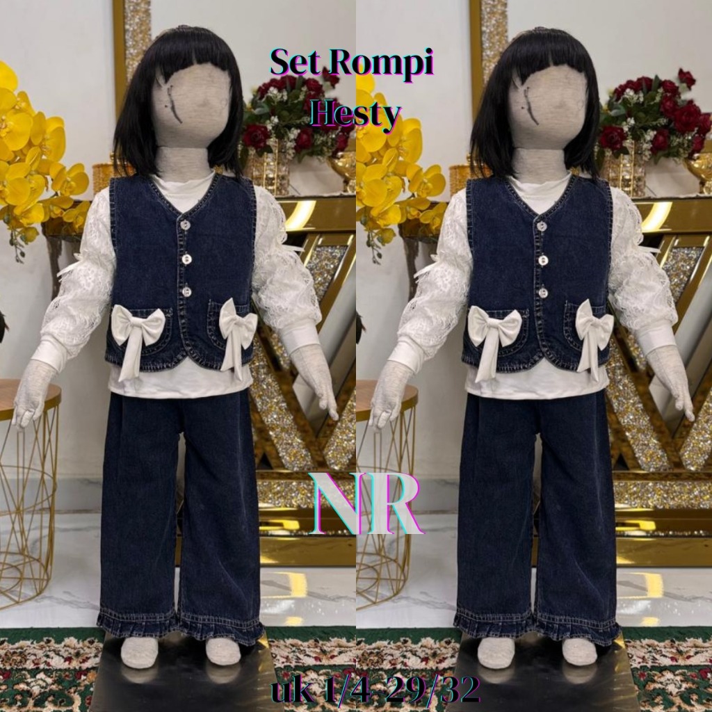 TERVIRAL SETELAN JEANS ANAK PEREMPUAN/ CELANA KULOT JEANS PREMIUM / ATASAN MOTIF PITA  USIA ANAK 3-1