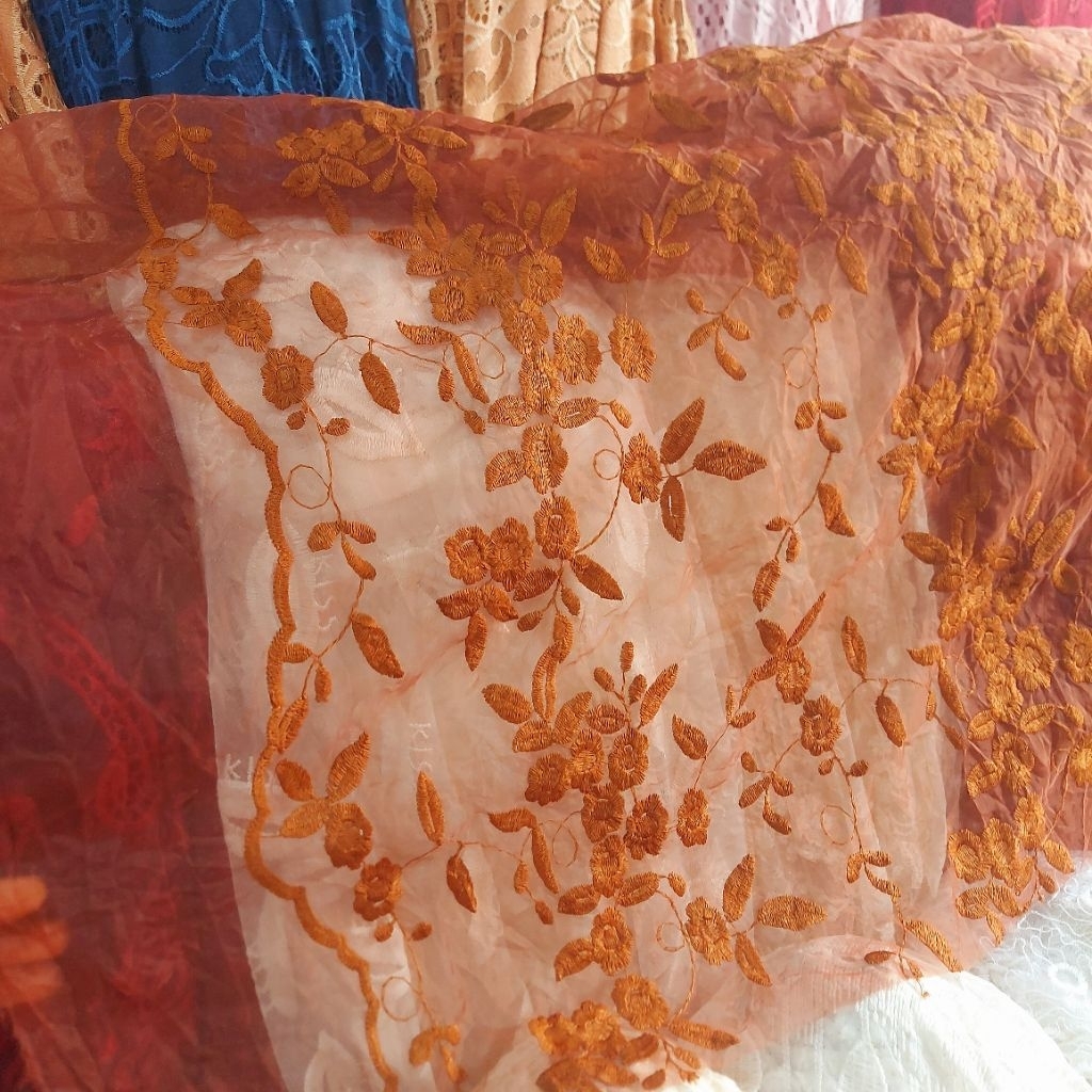 kain tile bordir Premium  - kain tile bordir bunga timbul  - kain tile bordir original ( brown ) kt