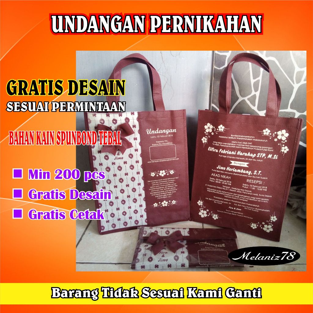 UNDANGAN PERNIKAHAN / UNDANGAN KHITAN UNIK BENTUK TAS DARI BAHAN KAIN SPUNBOND