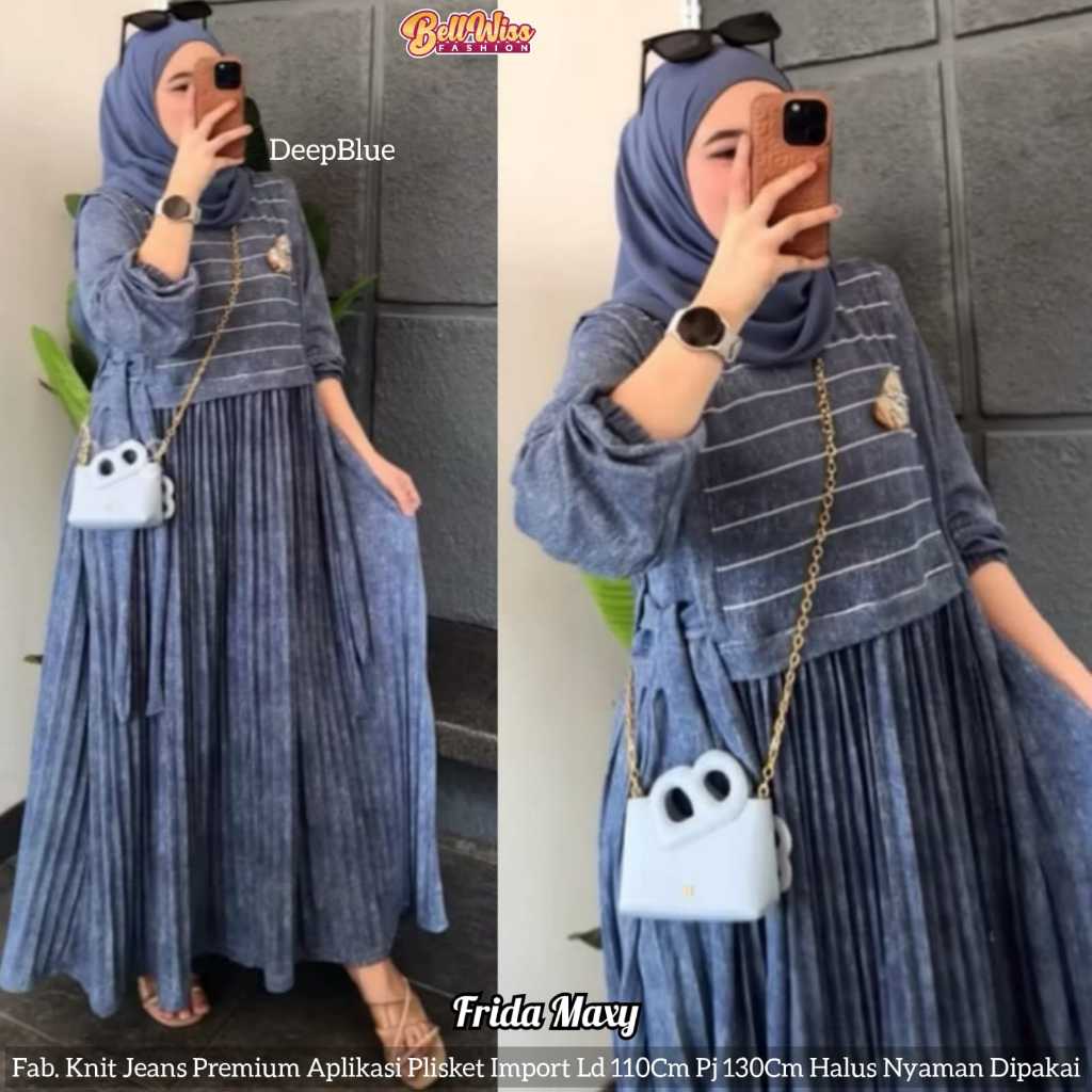 FRIDA MAXY DRESS SIMPLE ANGGUN KNIT JEANS PREMIUM LD 110 PJ 130 GAMIS WANITA DEWASA TERBARU KEKINIAN