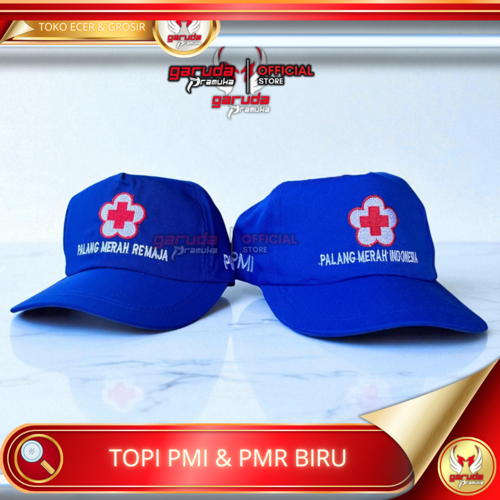 Topi PMI PMR biru tingkat madya SMP logo bordir