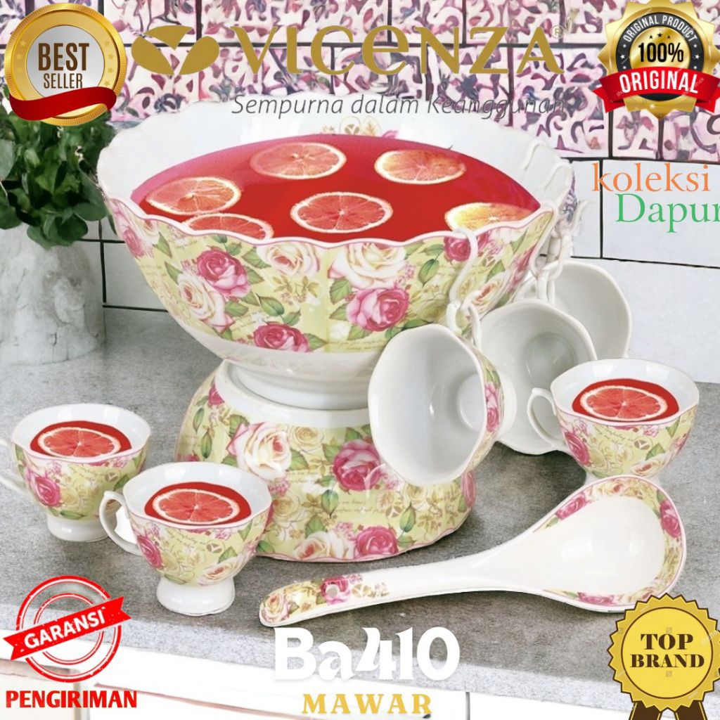 Wadah Es Buah, Sup BA410, Bowl Set VICENZA dilengkapi 12 gelas Vicenza tipe cangkir Mawar, 1 centong
